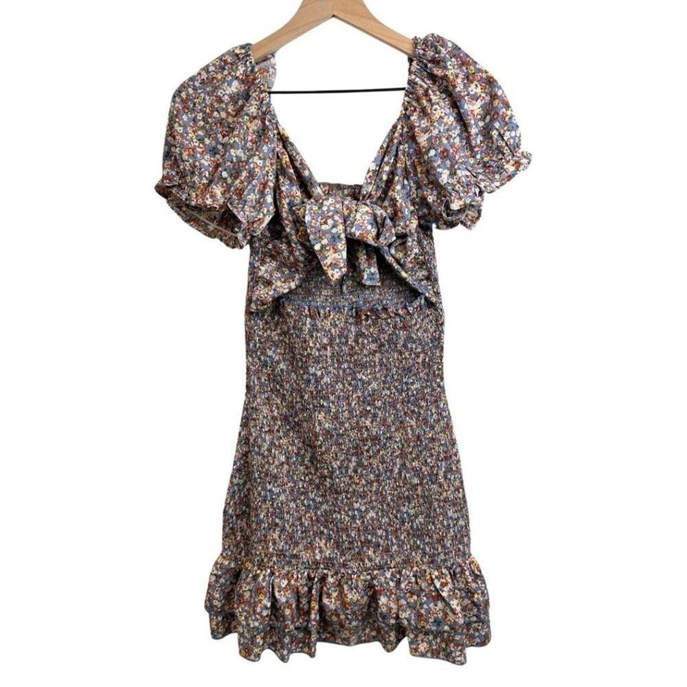 MABLE Nikki Front Tie Smocked Mini Dress Ditsy Floral Print Blue L